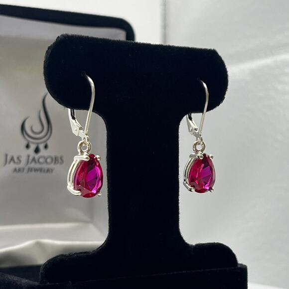 Beautiful 5ctw Pear Cut Ruby Earrings in Sterling Silver Drop Dangle Leverback - Picture 5 of 6